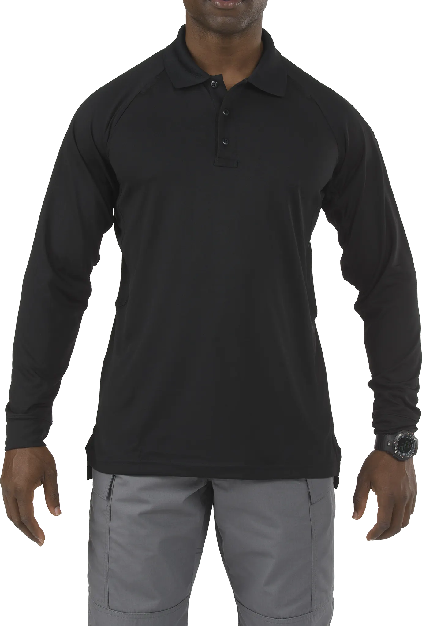 Tactical Polo Shirt, 100% Polyester, Button, 2 Pocket(s), Black, 5XL