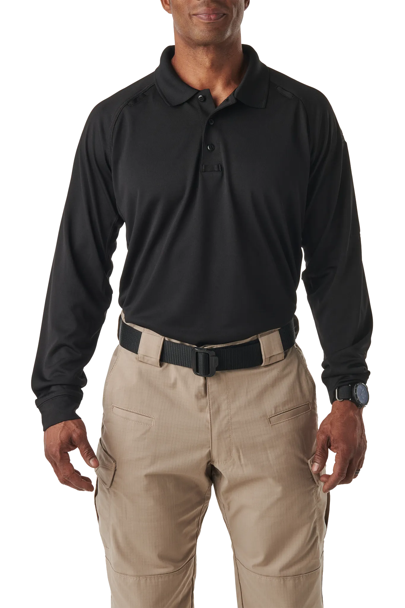 Tactical Polo Shirt, 100% Polyester, Button Front, Black, M