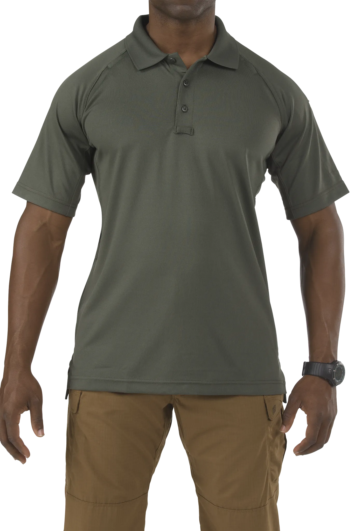 Tactical Polo Shirt, 100% Polyester, Button, 2 Pocket(s), Olive Green, M
