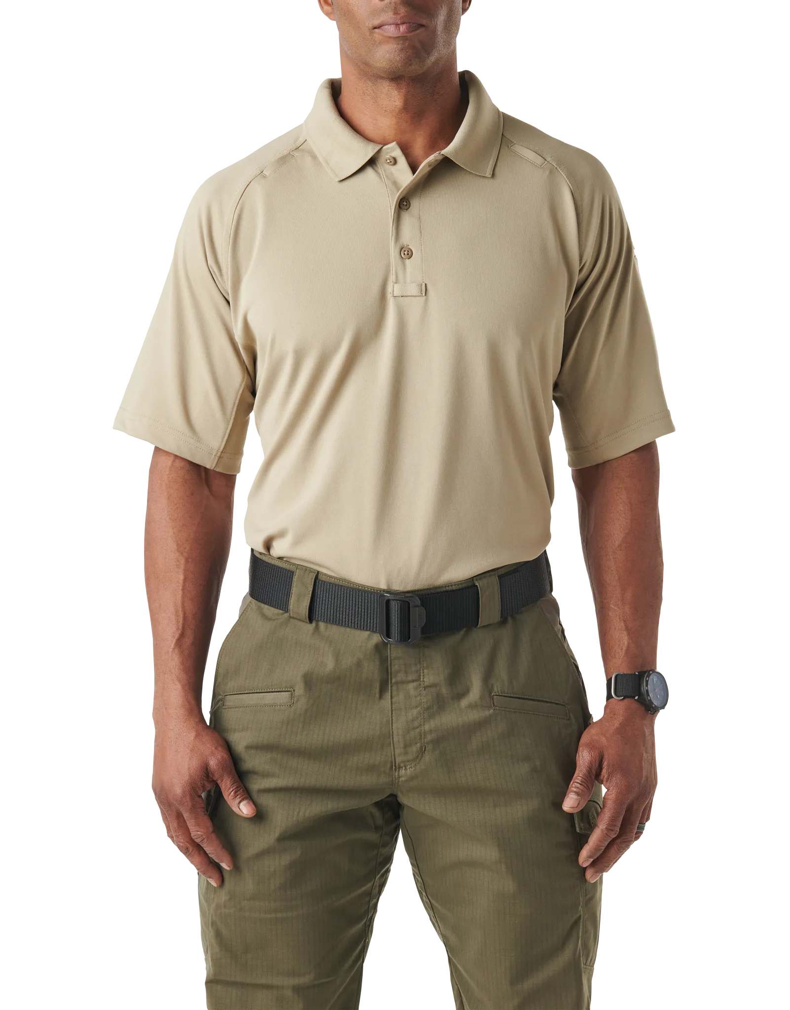 Tactical Polo Shirt, 100% Polyester, Button, 2 Pocket(s), Tan, L