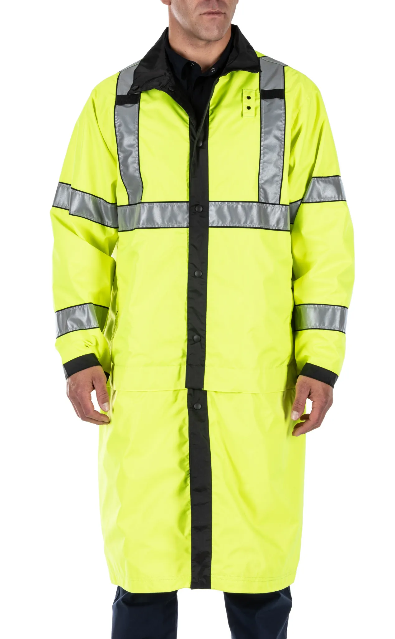 5-48125ABR019M Long Reversible High Visibility Rain Coat, Black - Medium