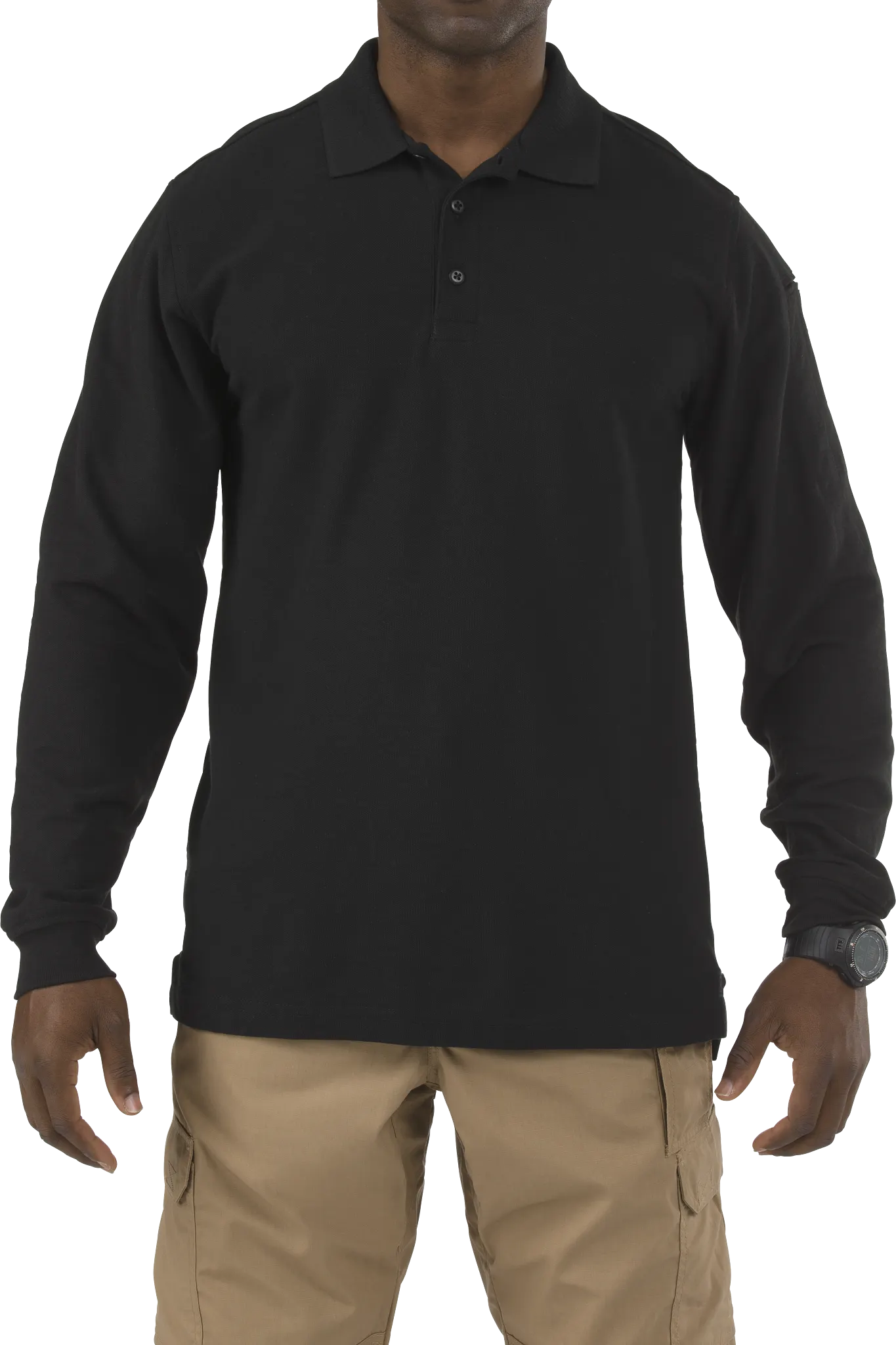 Tactical Polo Shirt, 40% Polyester, 60% Cotton, Button, 2 Pocket(s), Black, 3XL