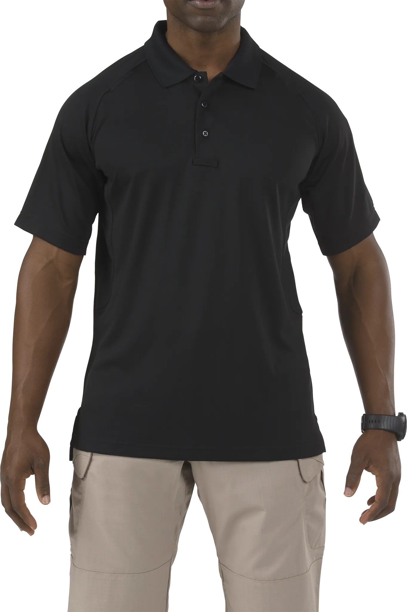 Tactical Polo Shirt, 100% Polyester, Button, 2 Pocket(s), Black, L